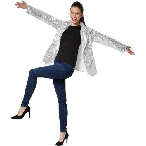 Dressforfun Paillettenjas dames zilver XL - verkleedkleding kostuum halloween verkleden feestkleding Tweedehands