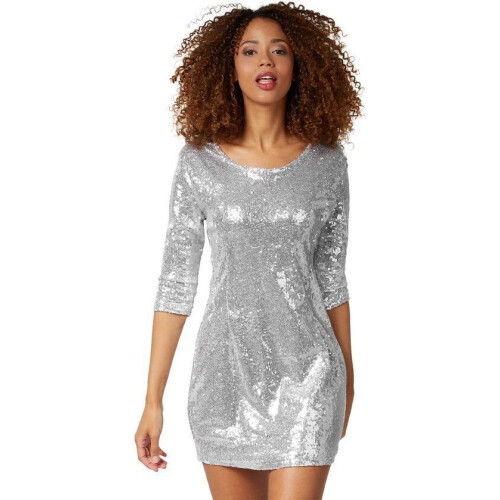 Dressforfun Paillettenjurk - Verkleedkleding - Lange mouwen - Zilver Tweedehands