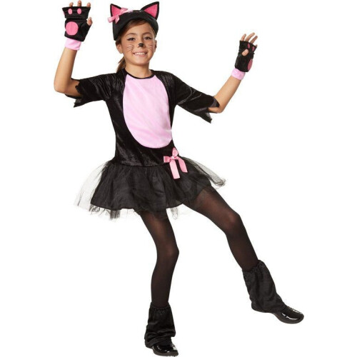 dressforfun Roos katje 158 - Verkleedkostuum - Korte jurk met kattenmuts - Zwart / Roze