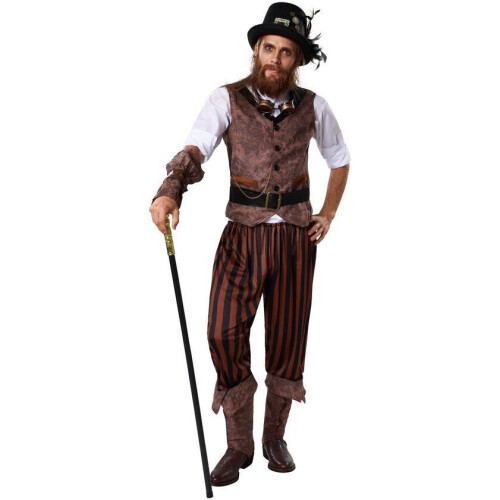 dressforfun - Steampunk Avonturier XL - Kostuum met gestreepte broek en laarskappen