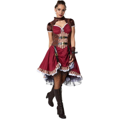 Dressforfun Steampunk edelvrouw S - Verkleedkostuum - Satijnen jurk met gelaagde rok - Zwart