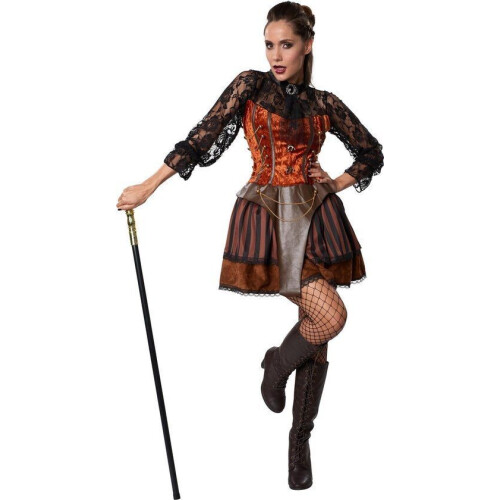 dressforfun Steampunk gravin M - verkleedkostuum - jurk met lange mouwen - aardetinten