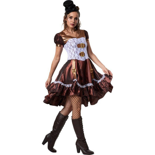 Dressforfun Steampunk lady S - Verkleedkostuum - Satijnen jurk met franjes en gespen