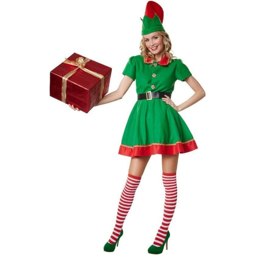 Dressforfun Vlijtige kerstelf M - Verkleedkostuum - Korte jurk met hoed en riem - Groen en rood Tweedehands