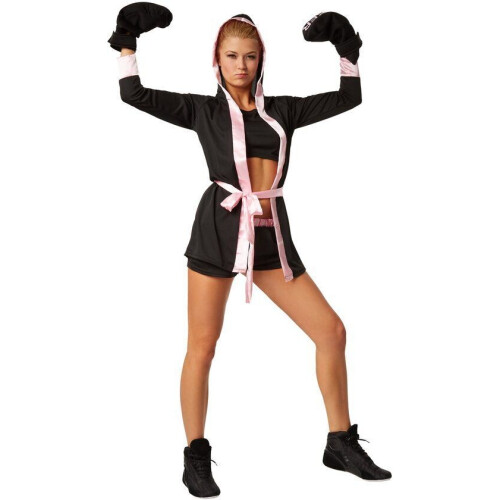 Dressforfun Vrouwenkostuum - Bokskostuum - Inclusief bokshandschoenen en jas - Zwart / Roze (M) Tweedehands