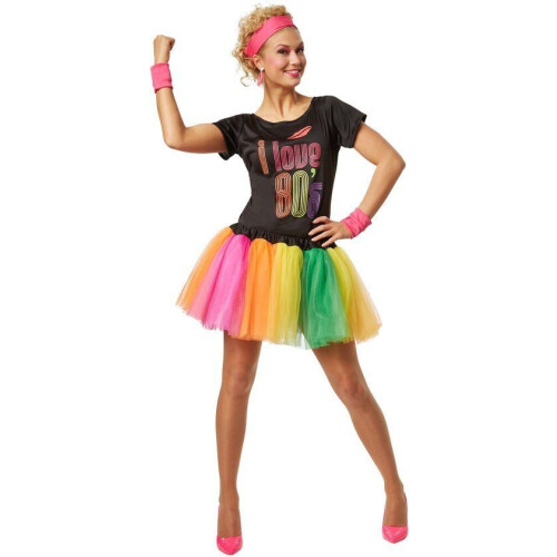 Dressforfun Vrouwenkostuum - Jaren 80 Popster - Minikleed met zweetbandjes - Multicolor (M)