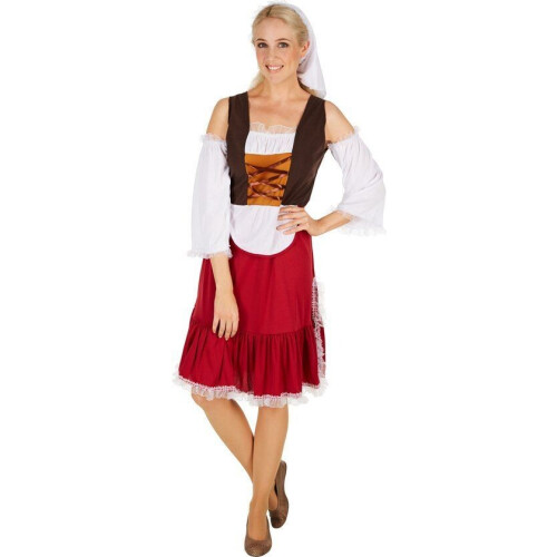 Dressforfun Vrouwenkostuum middeleeuwen maagd XXL - elegante jurk met schort en hoofddeksel - middeleeuwse stijl