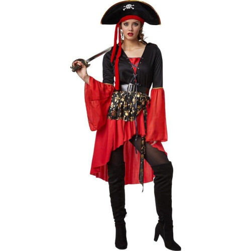 dressforfun - Vrouwenkostuum piratenkoningin XL - Jurk met veter en hoed - zwart / rood Tweedehands