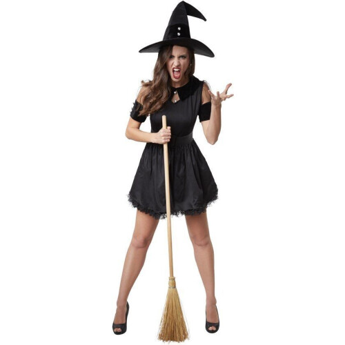 Dressforfun Zwarte heks Tarantella - Verkleedkostuum - Korte jurk met tule en fluweel - Zwart
