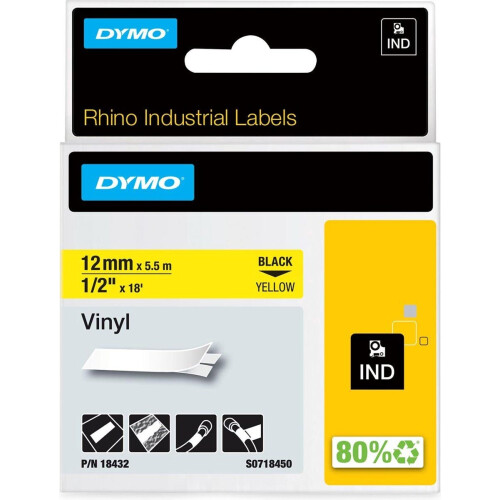 DYMO Rhino - Vinyl Labels - 12 mm x 5,5 m - Zwart op Geel Tweedehands