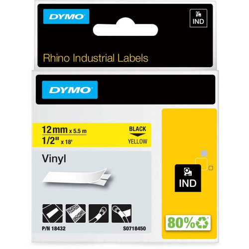 DYMO Rhino - Vinyl Labels - 12 mm x 5,5 m - zwart op geel