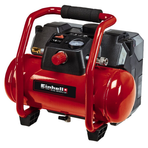 Einhell Accu Compressor TE-AC 36/6/8 Li OF Set Solo - Power X-Change - 36 V/Li-Ion - 16.000 t/min - Tank: 6 L - Max. Werkdruk: 8 bar - Aanzuigcapaciteit: 130 l/min - Olievrij - Incl. 11-delige adapterset - Excl. accu en lader Tweedehands