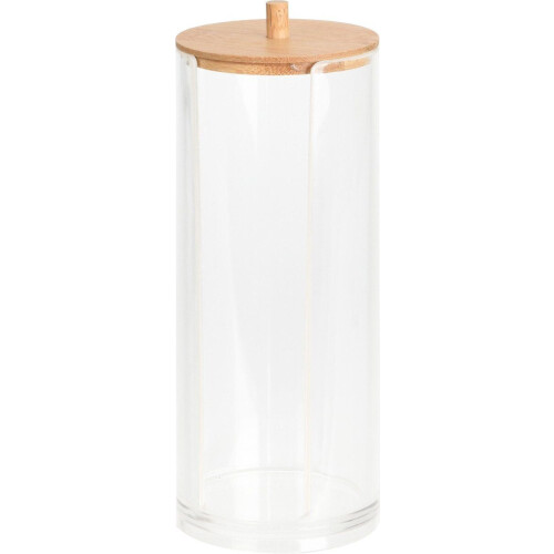 Eleganza Wattenschijfjes houder - kunststof - bamboe - D7 x H19 cm - watten dispenser
