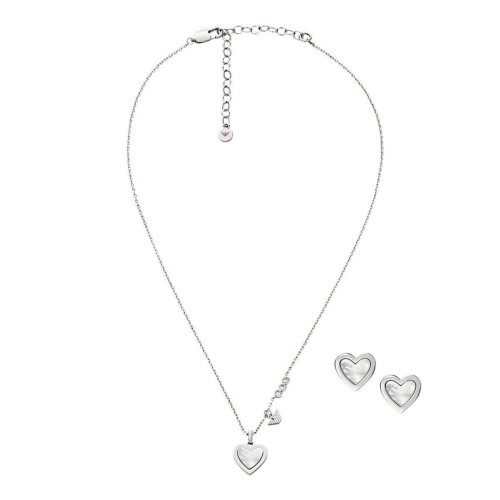 Emporio Armani Dames Sieraden geschenkset - Parelmoeren hartketting en oorbellen - Zilverkleurig