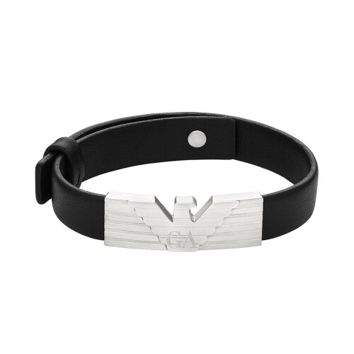 Emporio Armani EGS3075040 - Heren Armband - Roestvrij staal en zwart leer - Zilverkleurig
