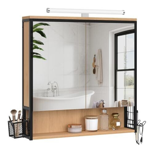 Eugad Badkamerkast met LED Spiegel Licht Eiken Zwart 70 x 14,5 x 70 cm