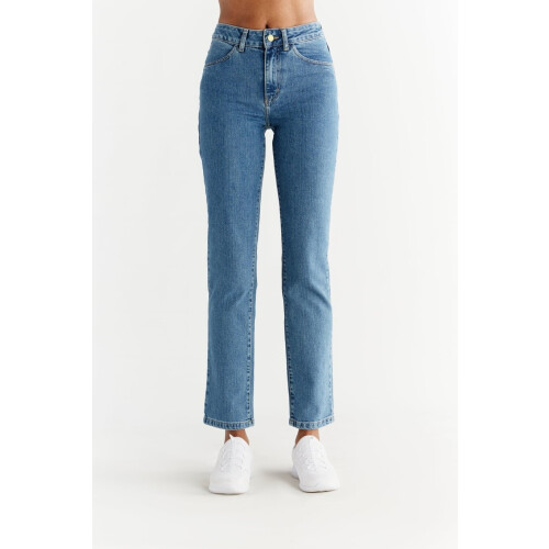 Evermind dames vegan Jeans Straight Fit Saffierblauw Tweedehands