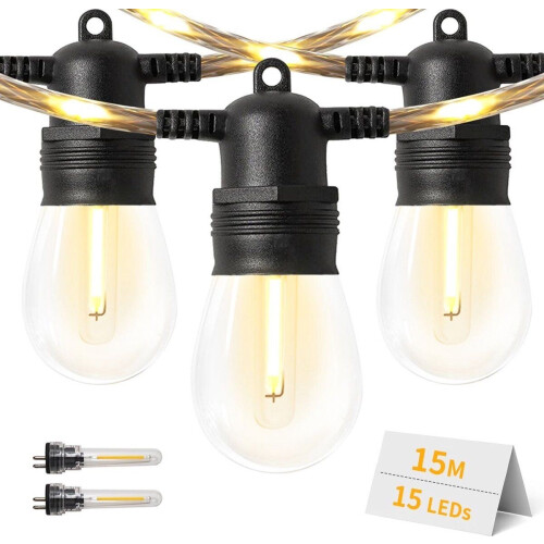 EverNeeds Lichtsnoer Voor Buiten - 15 Meter - Met Verlichte Kabel - Lichtslinger 15 LED - Sfeerverlichting Buiten en Binnen - Tuinverlichting - Lampjes Slinger Buiten - IP65 - 2 Extra Leds Tweedehands
