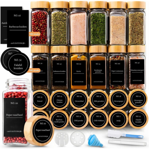 Five Stars® 24-delige Glazen Kruidenpotjes - Vierkant - Bamboe Deksel - Luchtdicht
