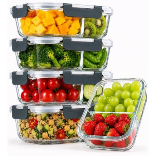 Five Stars® Glazen Vershoudbakjes - 2 Compartimenten - Luchtdicht - 950 ml - Set van 5 (5 stuks)