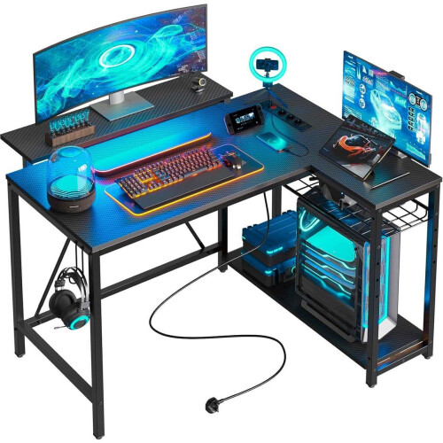 Five Stars® L-Vormig Game Bureau - 107x80x76 cm - RGB LED verlichting - Zwart Carbon