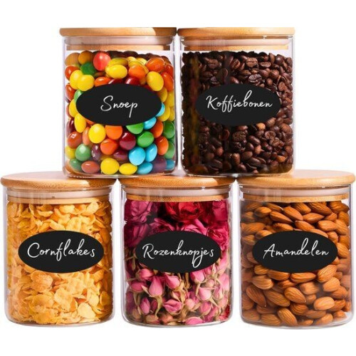 Five Stars® Voorraadpotten - Glas - 750 ML - 5 delige set - BPA vrij - Met Pen & Herschrijfbare Stickers (5 stuks)