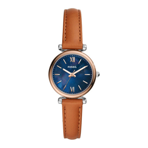 Fossil Carlie Mini - Dameshorloge 28 mm - Bruine leren band - Blauwe parelmoeren wijzerplaat Tweedehands