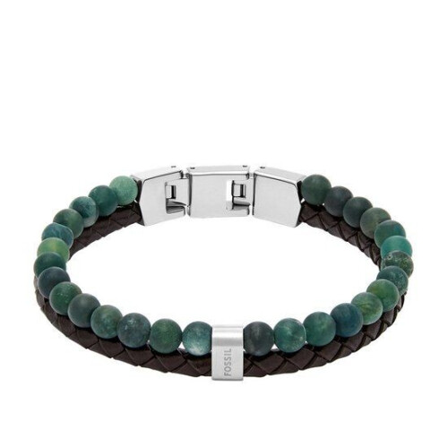 Fossil JF04854040 - Heren Armband - Bruin leer en groene glazen kralen - Zilverkleurig Tweedehands