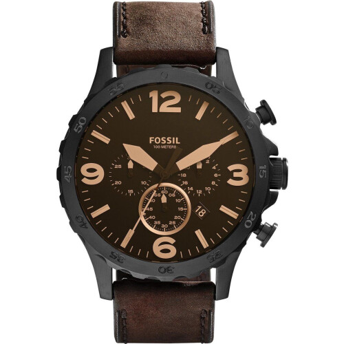 Fossil Nate JR1487 - Herenhorloge 50 mm - Lederen band - Zwart