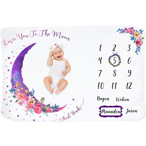 Frummel Mijlpaaldeken Roze Maan - Milestone deken - 100 x 150 cm - Kraamcadeau Tweedehands