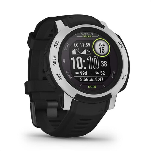 Garmin Instinct 2 Solar Surf editie Bells Beach 45 mm zilver met een zwart siliconen polsband