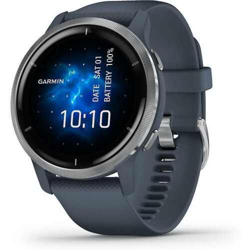 Garmin Venu 2 45 mm zilverkleurige rand van roestvrij staal met granite blue behuizing en siliconen polsband [wifi] Tweedehands