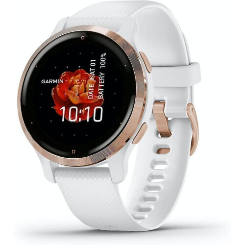 Garmin Venu 2S 40 mm rose gold rand van roestvrij staal met witte behuizing en leren polsband - wifi
