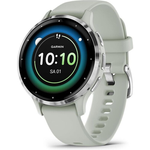 Garmin Venu 3S 41 mm zilver van roestvrij staal met groen behuizing en siliconen polsband - wifi Tweedehands