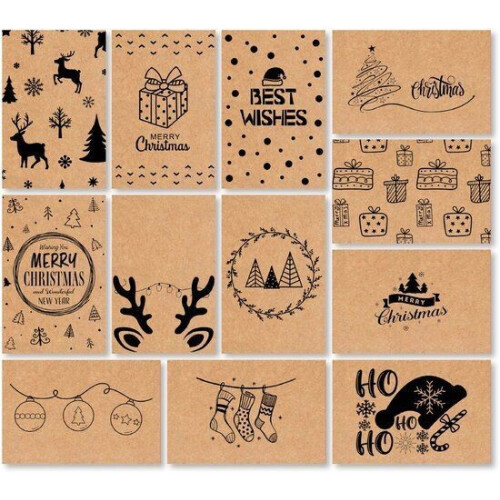 Giftmas Kerst Collectie - Wenskaarten Set - 36 Groetenkaarten met 12 Designs - Bruin kraft