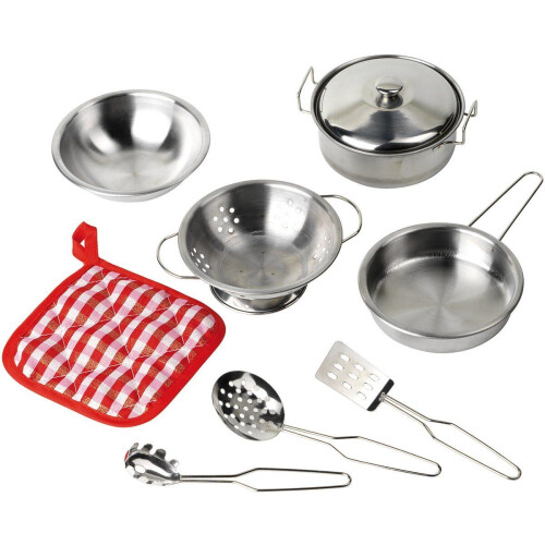 Goki Kookset - 9-delig - Inclusief pannen vergiet schaal pannenlap en keukengerei - Zilvergrijs Tweedehands