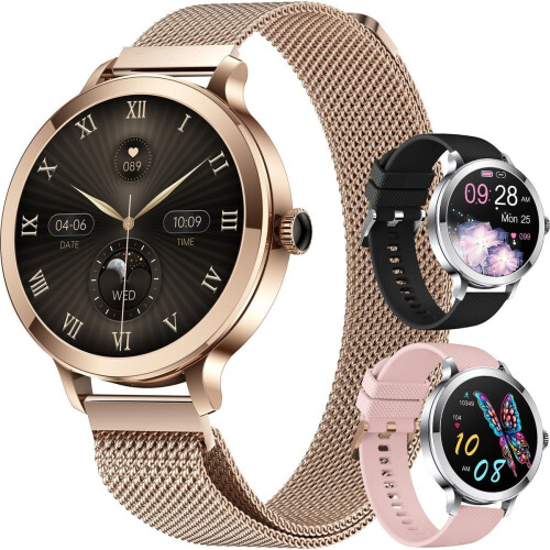 Golden Sound AMOLED Smartwatch Dames - Stappenteller - Slaapmonitor - Roségoud - 40mm (3 extra bandjes) Tweedehands