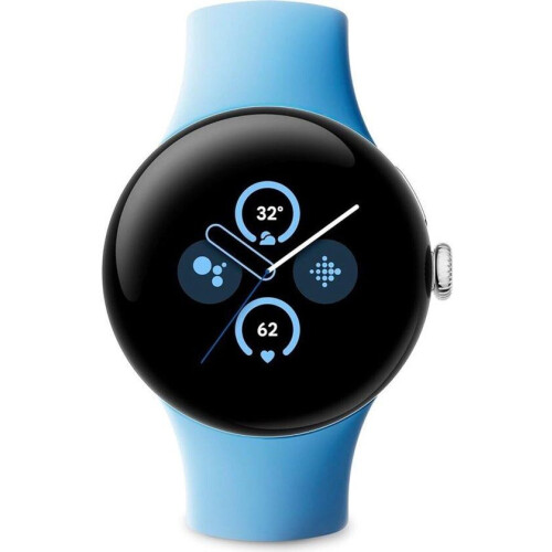 Google Pixel Watch 2– Zilverkleurige kast – Blauw sportbandje – GPS – 5ATM – Fitbit functies – 24u Tweedehands