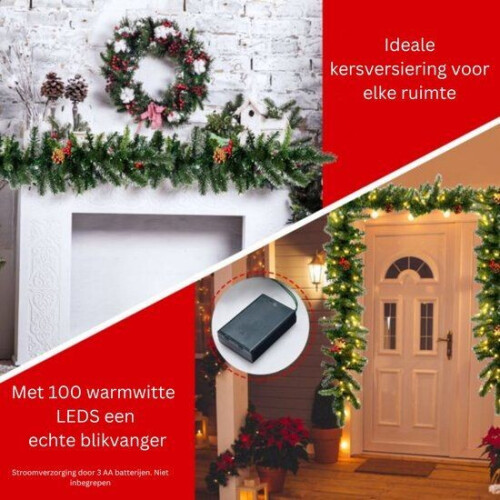 Verlichte Kerstguirlande 270 cm - 100 LED-lampjes - Rode bessen en dennenappels Tweedehands
