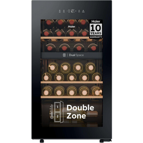 Haier HWS32GDG - Wijnkoelkast - 32 flessen - Dubbele temperatuurzones - Anti-UV glas - Zwart Tweedehands