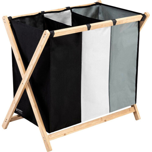 Happy Goods Wasmand 3 Vakken - Wassorteerder - Opvouwbaar - 120 L - Bamboe - Zwart