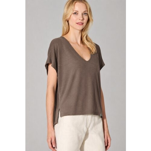 Hempage dames vegan T-Shirt Slub Jersey Stoffig Bruin Tweedehands