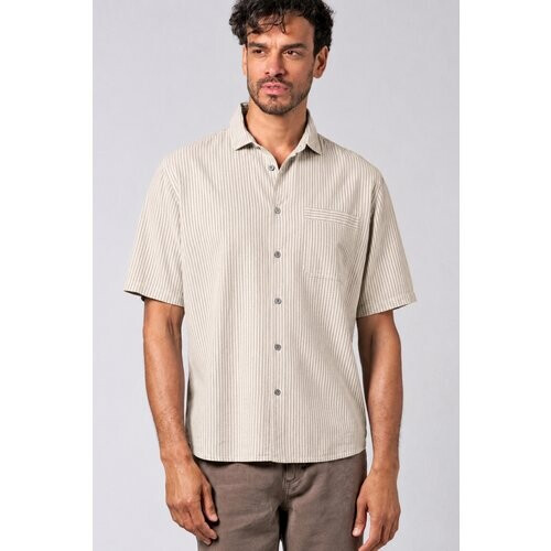 Hempage mannen vegan Overhemd Thistle Gestreept Korte Mouw Beige Tweedehands