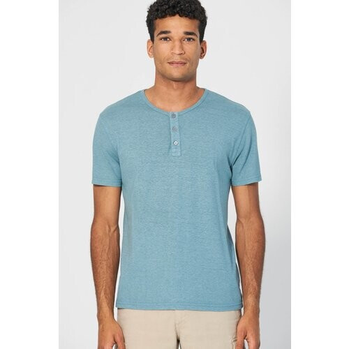Hempage mannen vegan T-Shirt Solid Henley Wave Blauw Tweedehands