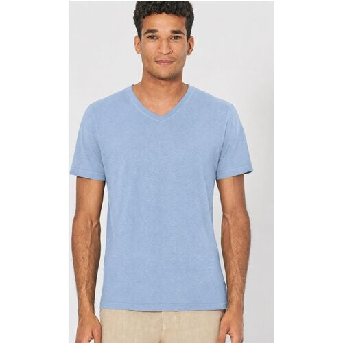 Hempage mannen vegan T-Shirt V-Hals Slim Fit Waterblauw Tweedehands