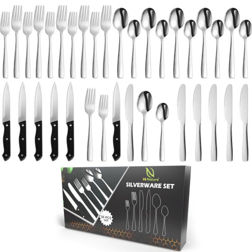 HI NATURE™ Bestekset 6 Persoons - 36-delig - Vaatwasserbestendig RVS - Zilver (36 stuks) Tweedehands