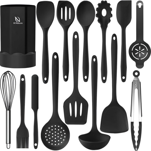 HI NATURE™ Keukengerei Set 15 delig - Siliconen spatels - Hittebestendig - Zwart