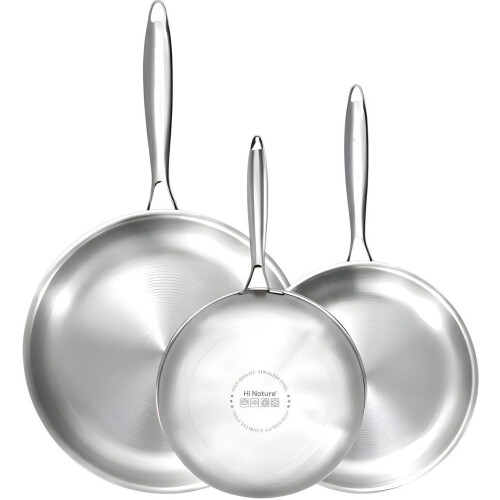 HI NATURE™ Koekenpannenset - 3-Delig - RVS - Ø 20/24/28 cm - Anti-aanbaklaag - Inductie & Alle Warmtebronnen - Zilver (3 stuks)
