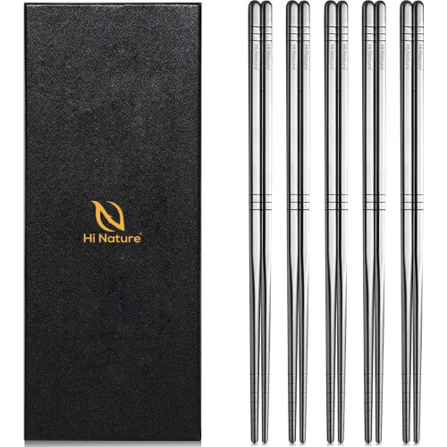 HI NATURE™ Luxe Chopsticks Set - Koreaanse Eetstokjes - Herbruikbaar en Vaatwasserbestendig - Zilver (5 paar)