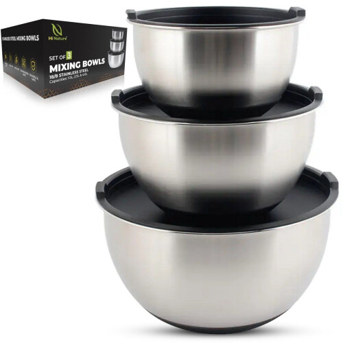 HI NATURE™ RVS Mengkommen set 3 - Luchtdichte Deksels - Antislip Bodem - Grijs/Zilver (set van 3) Tweedehands
